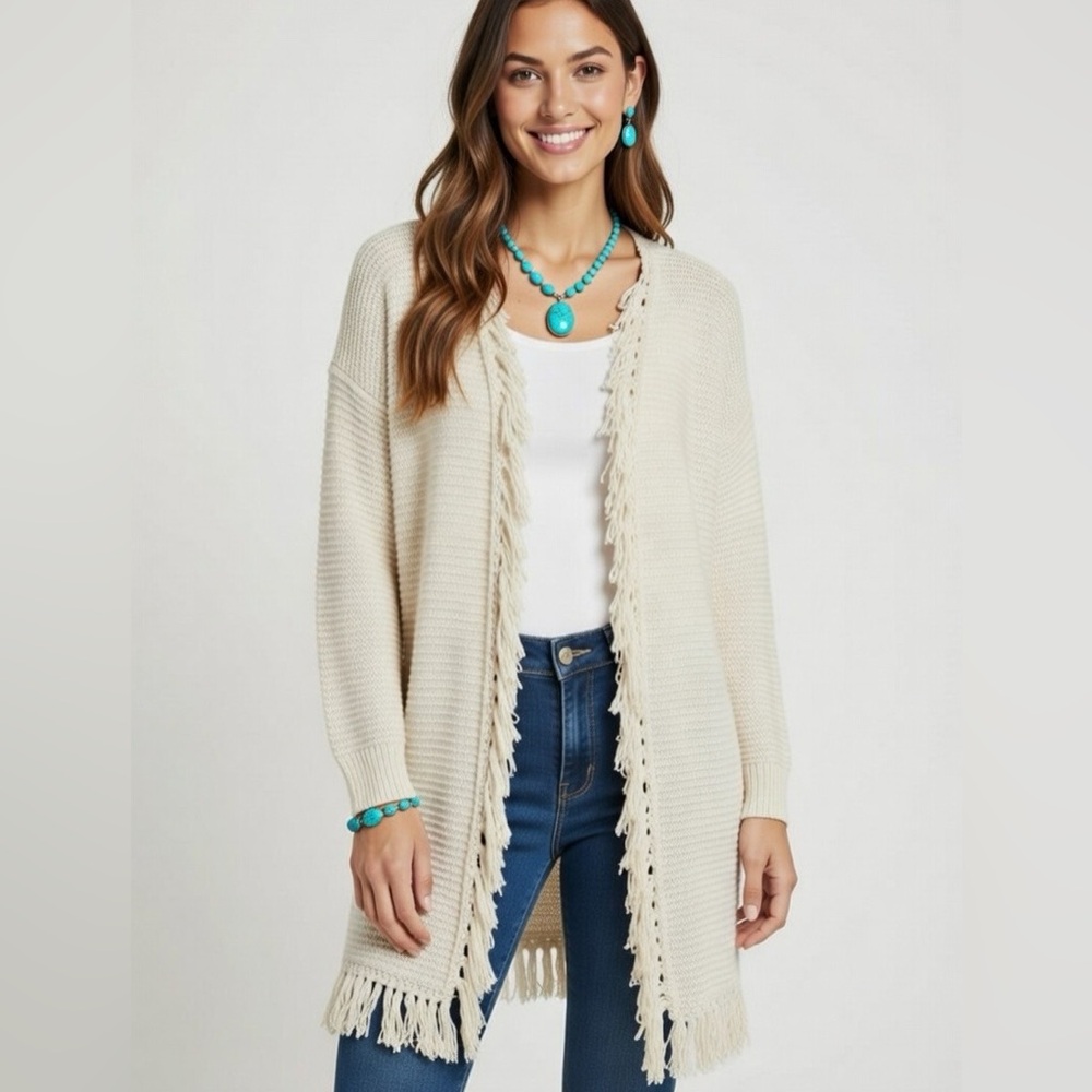 Cream Fringe Open Cardigan Sweater sz S/M